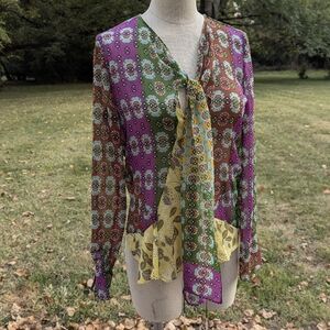 NWT Zara Boho Semi Sheer Multi Pattern Blouse, sz S